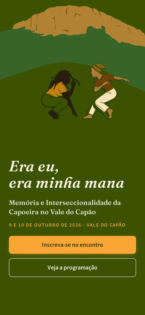 Abertura do site no celular: o Morro Branco, as duas capoeiristas e o botão de inscrição