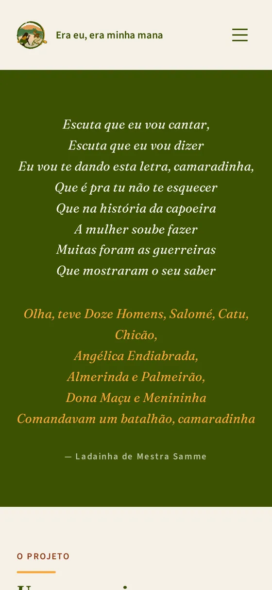 A ladainha de Mestra Samme sobre fundo verde, no celular
