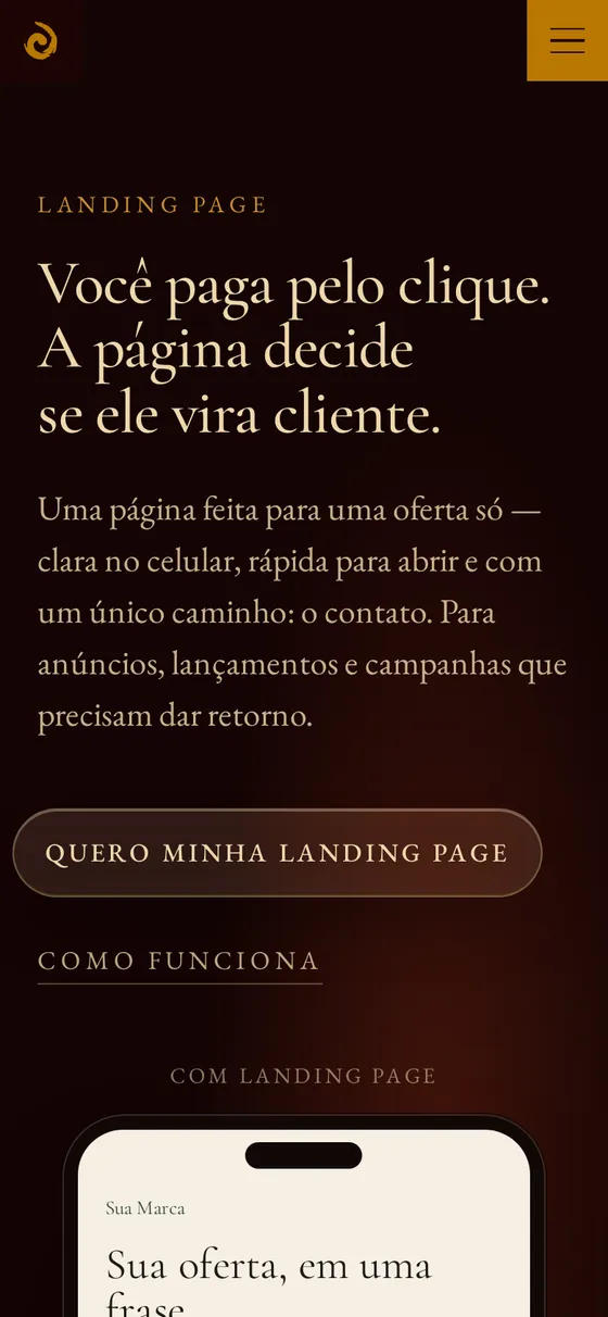 Página do serviço de landing page: “Você paga pelo clique.”